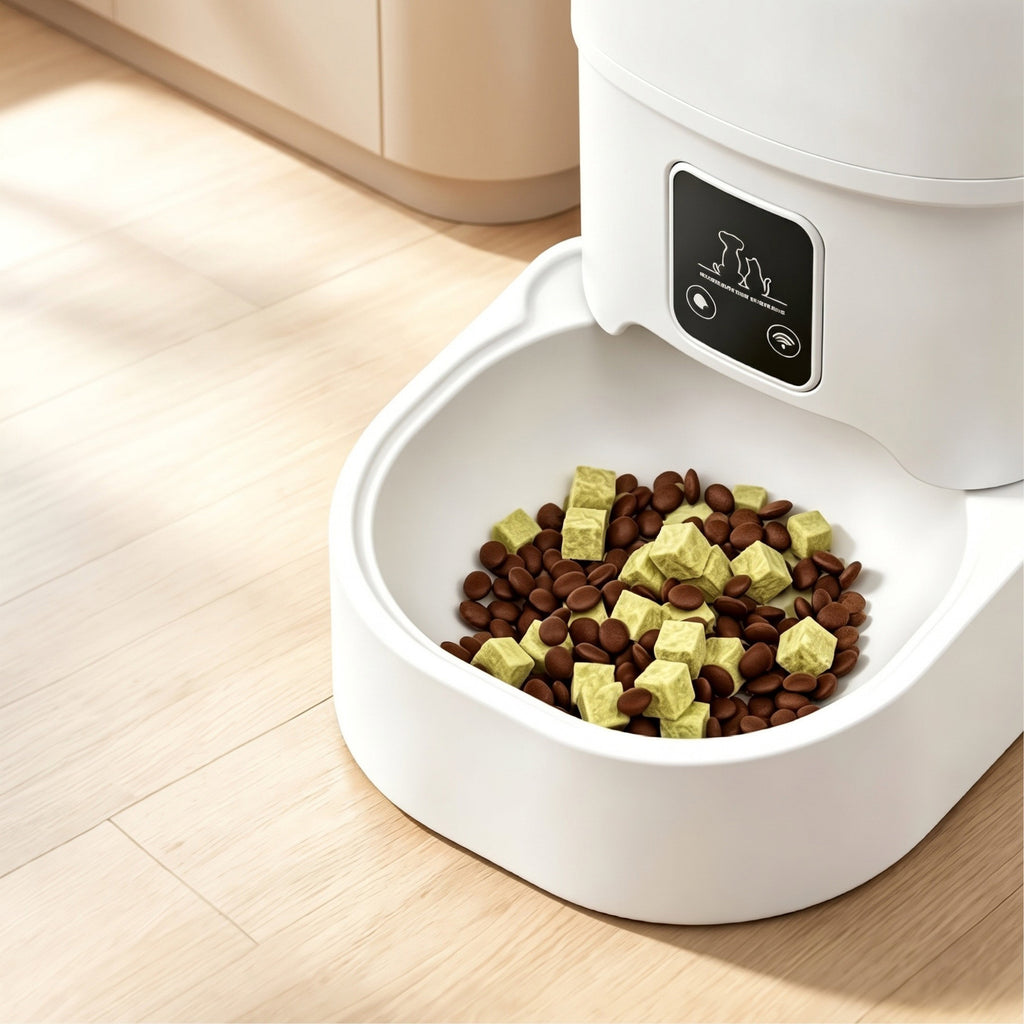 Gros plan sur le panneau de contrôle et la gamelle du distributeur automatique Homely Paws