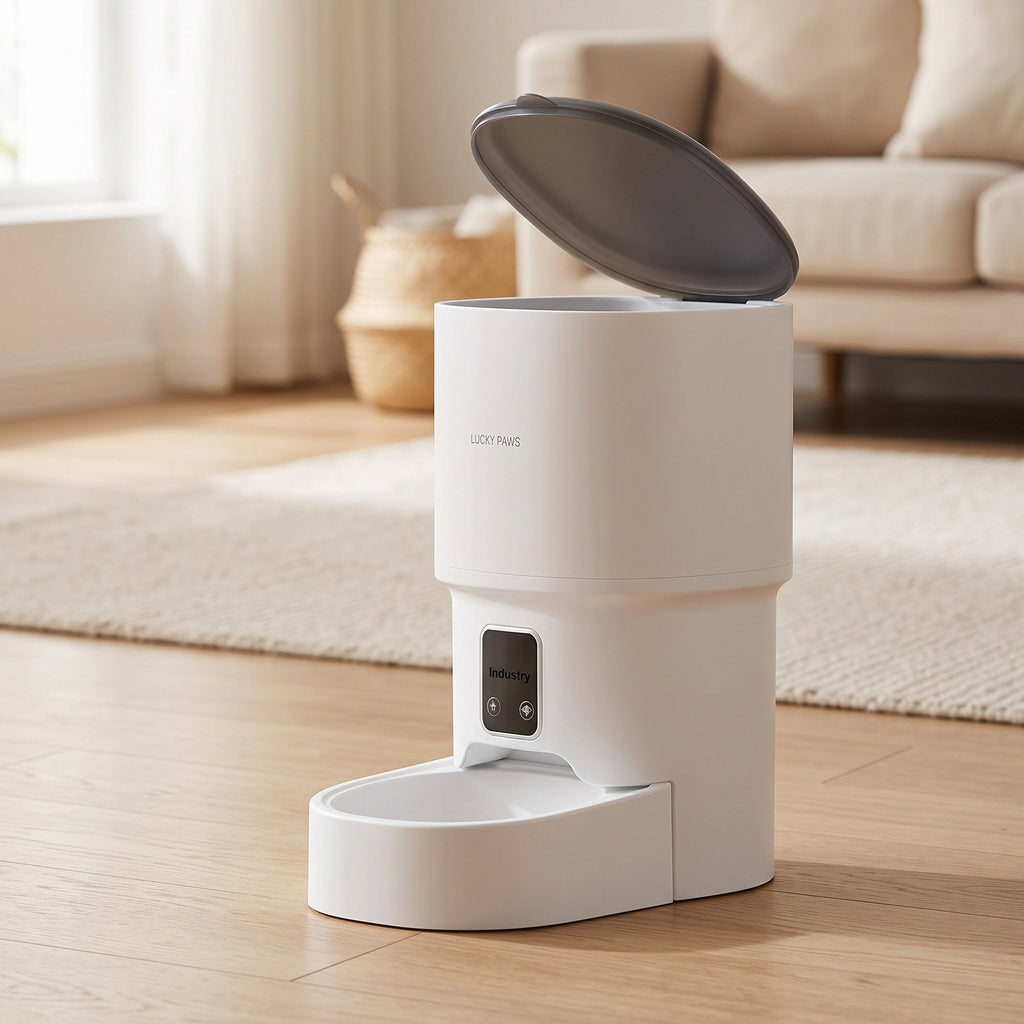 Distributeur automatique de croquettes Homely Paws posé dans un salon lumineux aux tons crème et beige